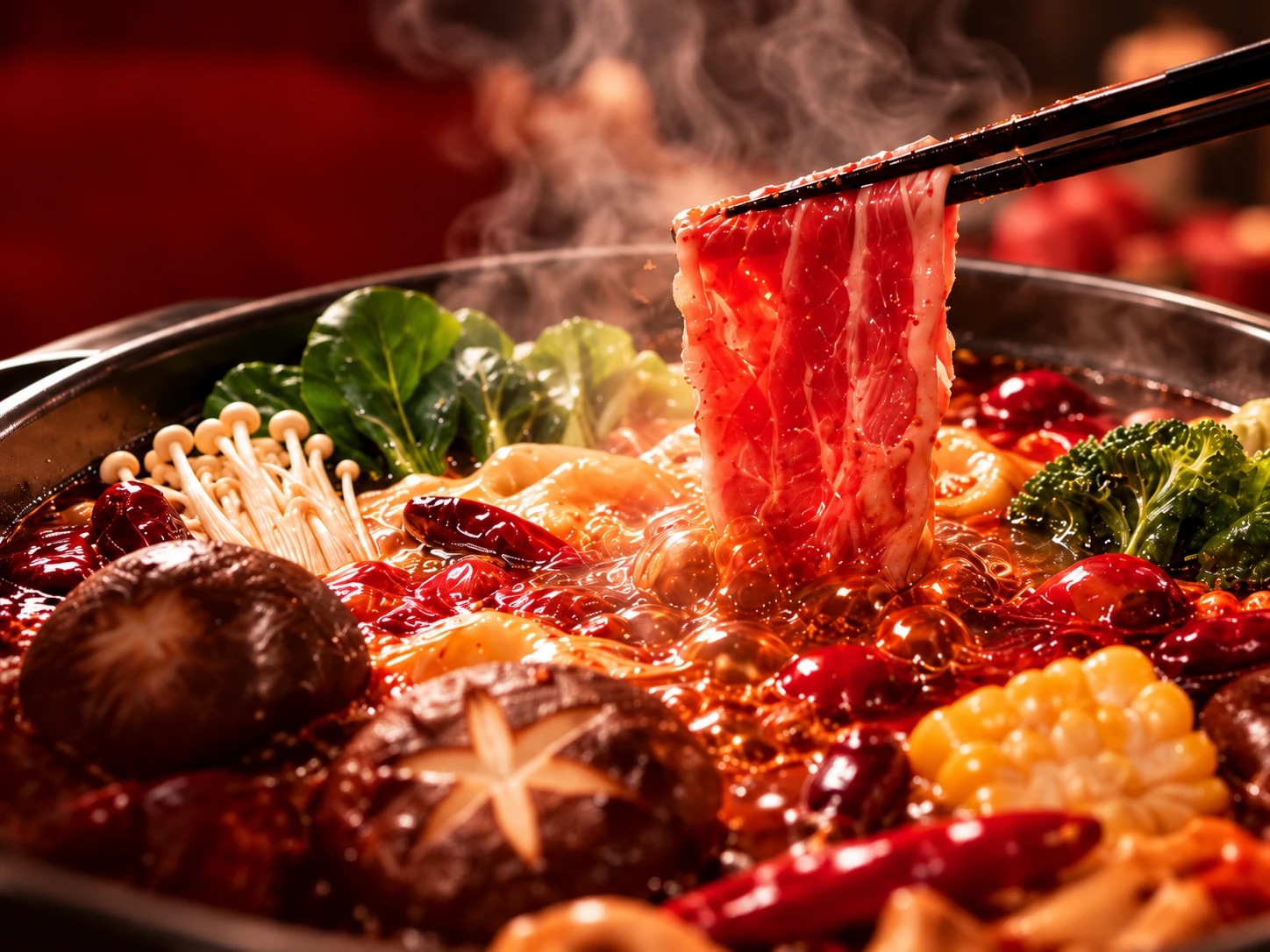 Sichuan broth at a rolling boil with beef, shiitake and corn