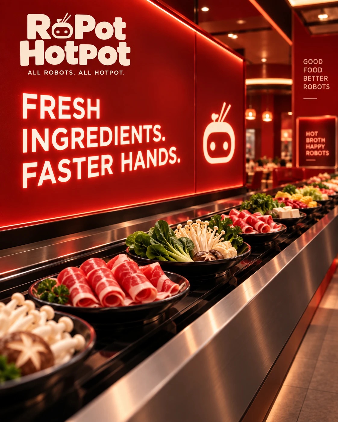 The RoPot ingredient line: trays of sliced beef, enoki, bok choy and tofu