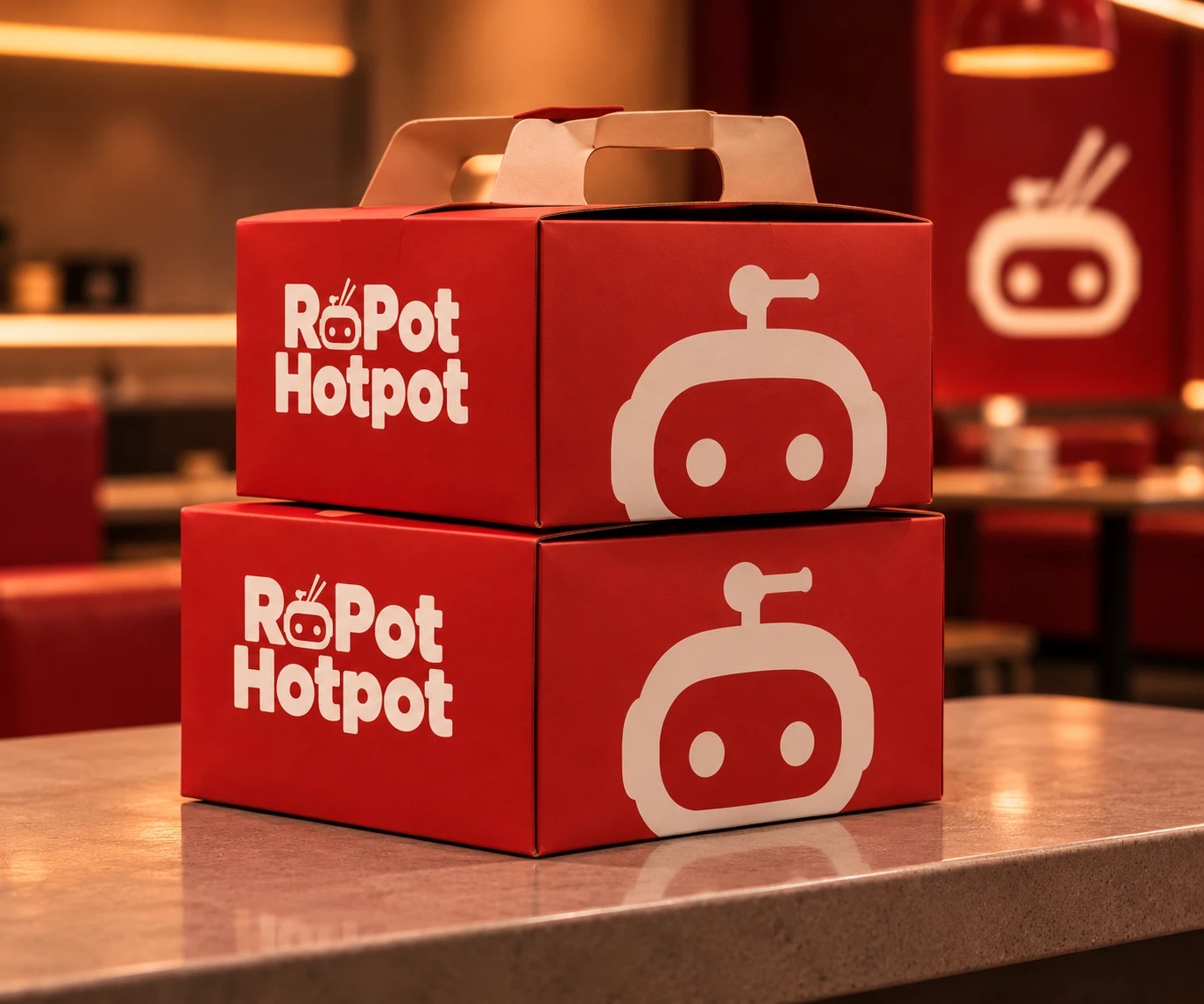 Two red RoPot Hotpot takeaway boxes stacked on the counter